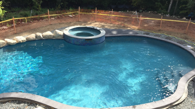 After installation. The coping is installed alongside the pool.