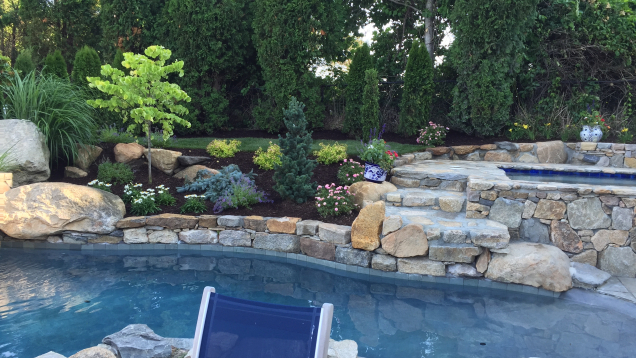 In-ground gunite pool with natural stone wall and accents.