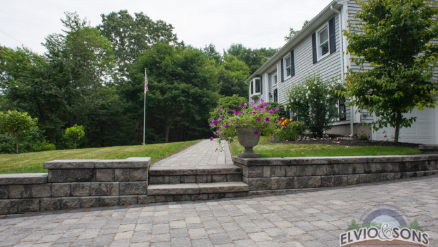 Paver driveway meets walkway in Hope, RI.